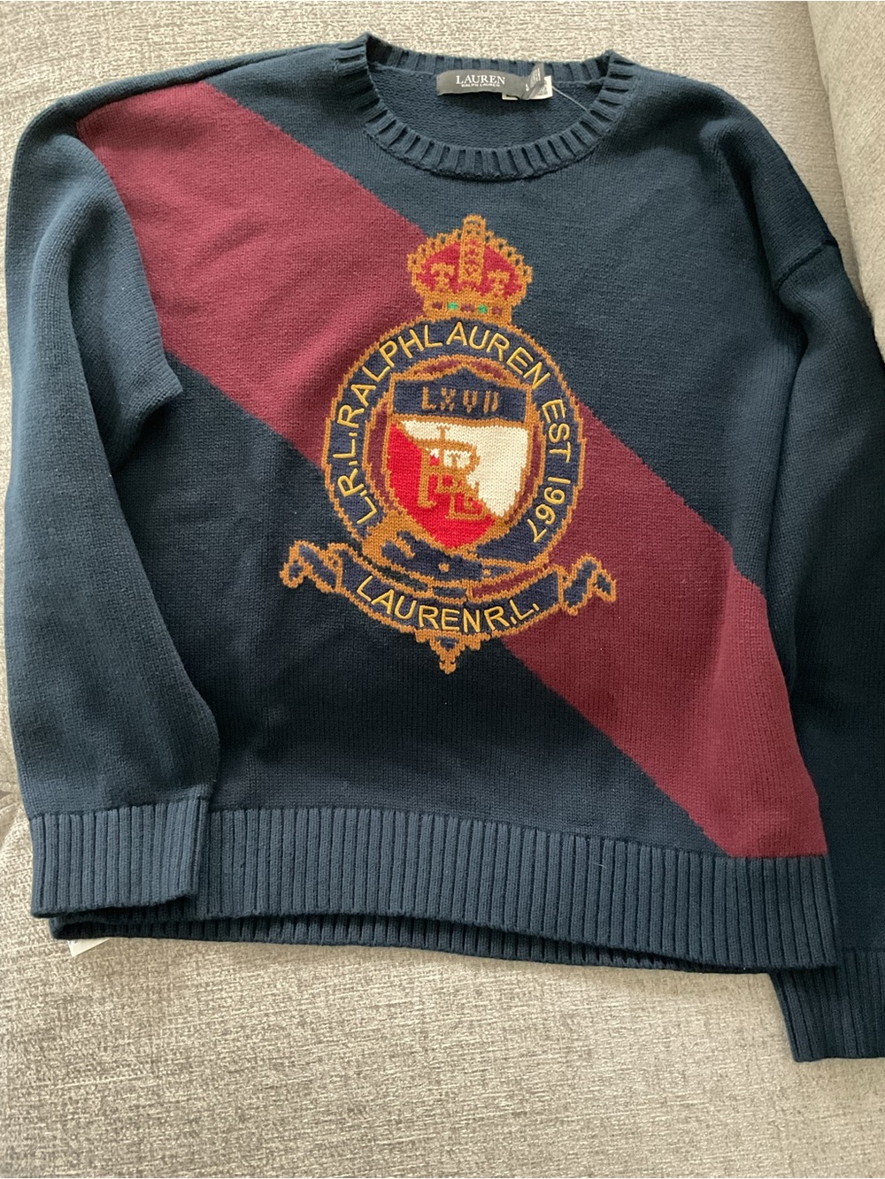 Ralph Lauren Navy Crewneck Sweater with Burgundy Diagonal Stripe & Crest